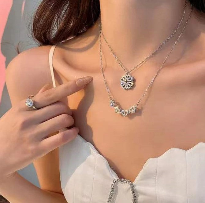 Four-Leaf Clover Necklace for Women Zircon Magnetic Heart Necklace Love Petal Clover Pendant Stainless Steel Jewelry Collier