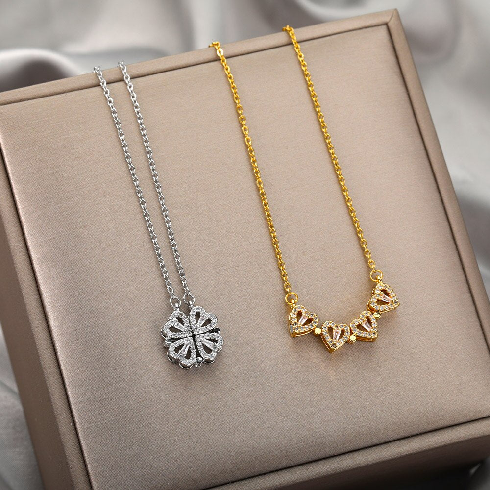 Four-Leaf Clover Necklace for Women Zircon Magnetic Heart Necklace Love Petal Clover Pendant Stainless Steel Jewelry Collier